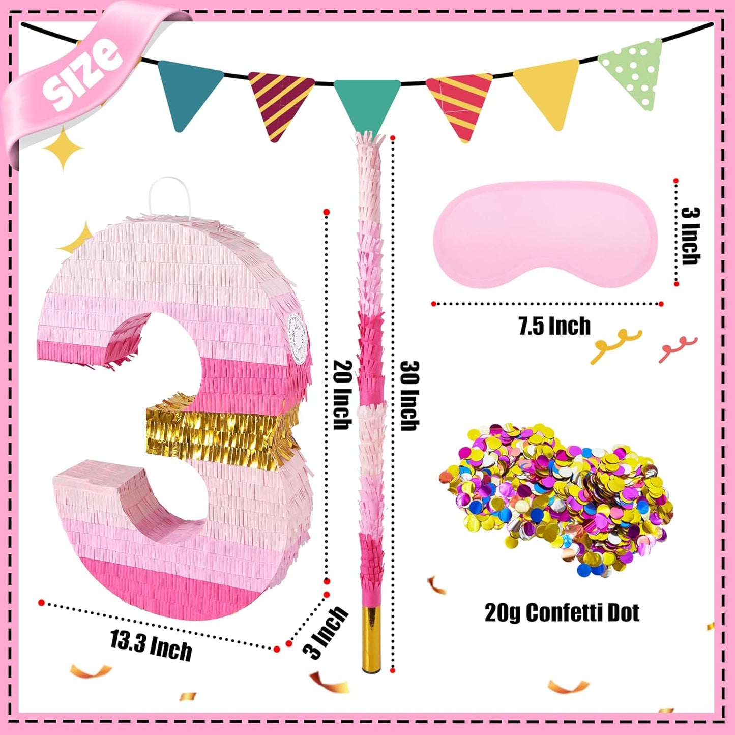 PCFING 20 Inch Number 3 Piñata Pink Gold with 30 Inch Piñata Stick Blindfold Confetti for Boys Girls Adults Birthday Party Decorations, Anniversary Celebration, Fiesta