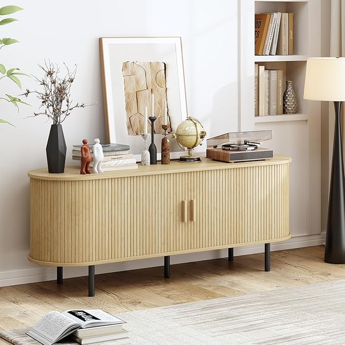 55" TV Stand with Power Outlet, Modern Media Console with Sliding Doors - Image 4