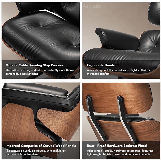Top Black Grain Leather, Mid Century Chaise Lounge Chair and Ottoman, Leather - Image 7