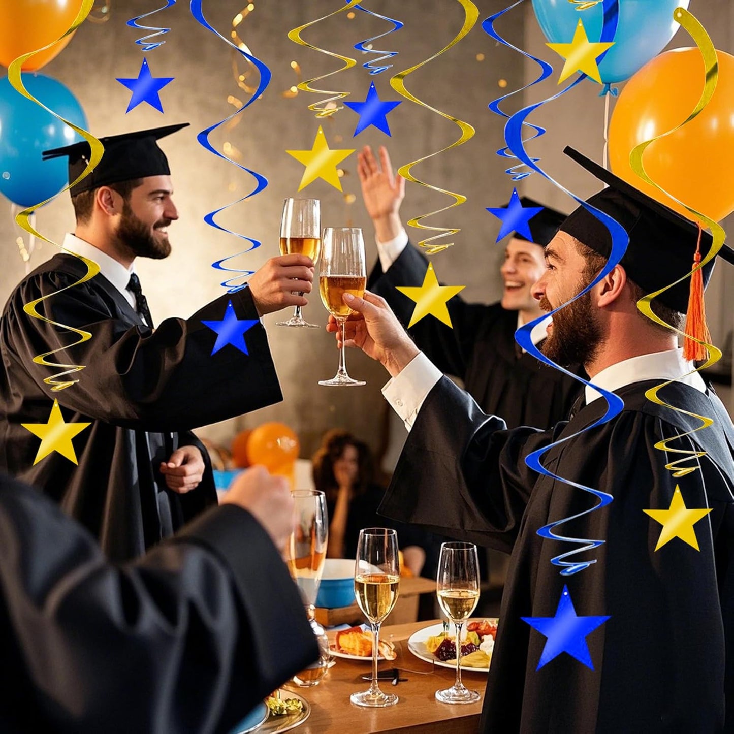 BEISHIDA Blue Gold Stars Hanging Swirls Graduation Hanging Ornament Decorations for Birthday Party Baby Shower Congrats Grade 2025 Graduation Decorations,Pack of 15