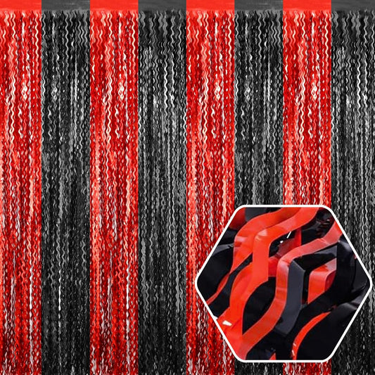 4 Pack Black Red Wave Foil Fringe Curtain Backdrop, 3.28Ft x 8.2Ft Metallic Tinsel Foil Fringe Streamer Curtains for Photo Booth, Mother's Day, Easter, Birthday, Wedding Party Decoration