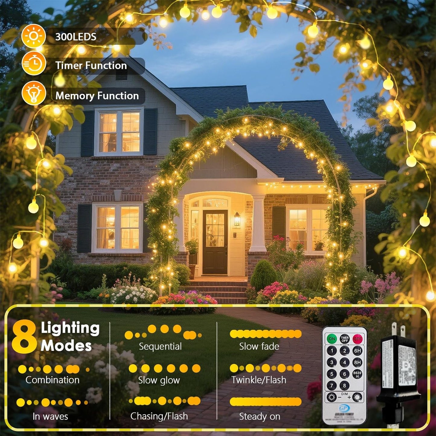 300LED Connectable String Lights Indoor Outdoor for Bedroom, 108ft Fairy Lights with Remote & Timer, Plug in 8 Modes Waterproof Globe Hanging Twinkle Light for Room Classroom Wedding Decor, Warm White