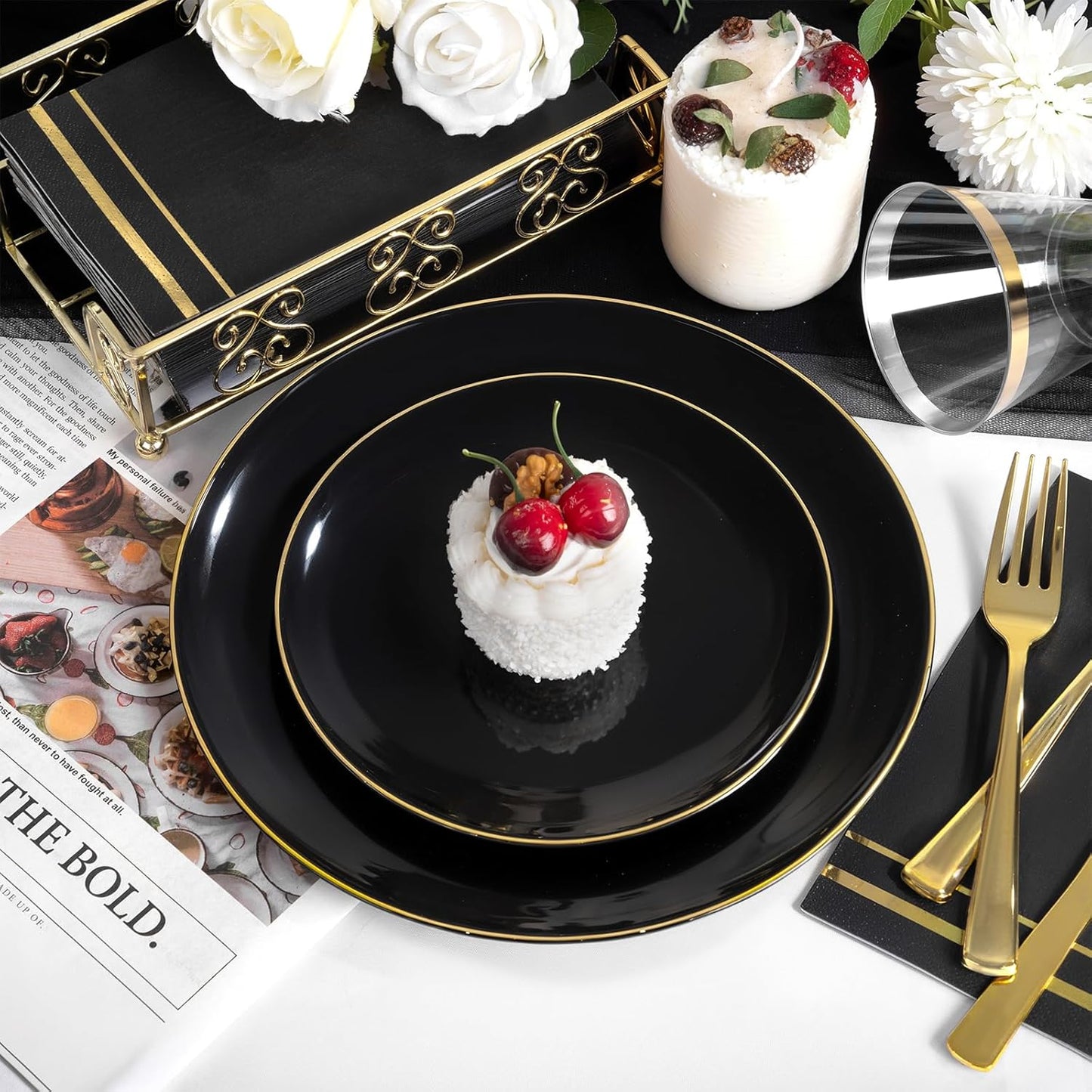 NOCCUR 350PCS Black and Gold Plastic Plates - Black Disposable Dinnerware Set for 50 Guests, 100 Dinner/Dessert Plates, 150 Gold Silverware, 50 Cups&50 Napkins for Party/Birthday/Halloween/NewYear