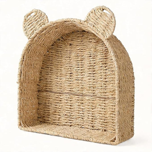 Arched Bear Nursery Wall Shelf, Handwoven Wicker Nursery Shelf by Rattanzenith