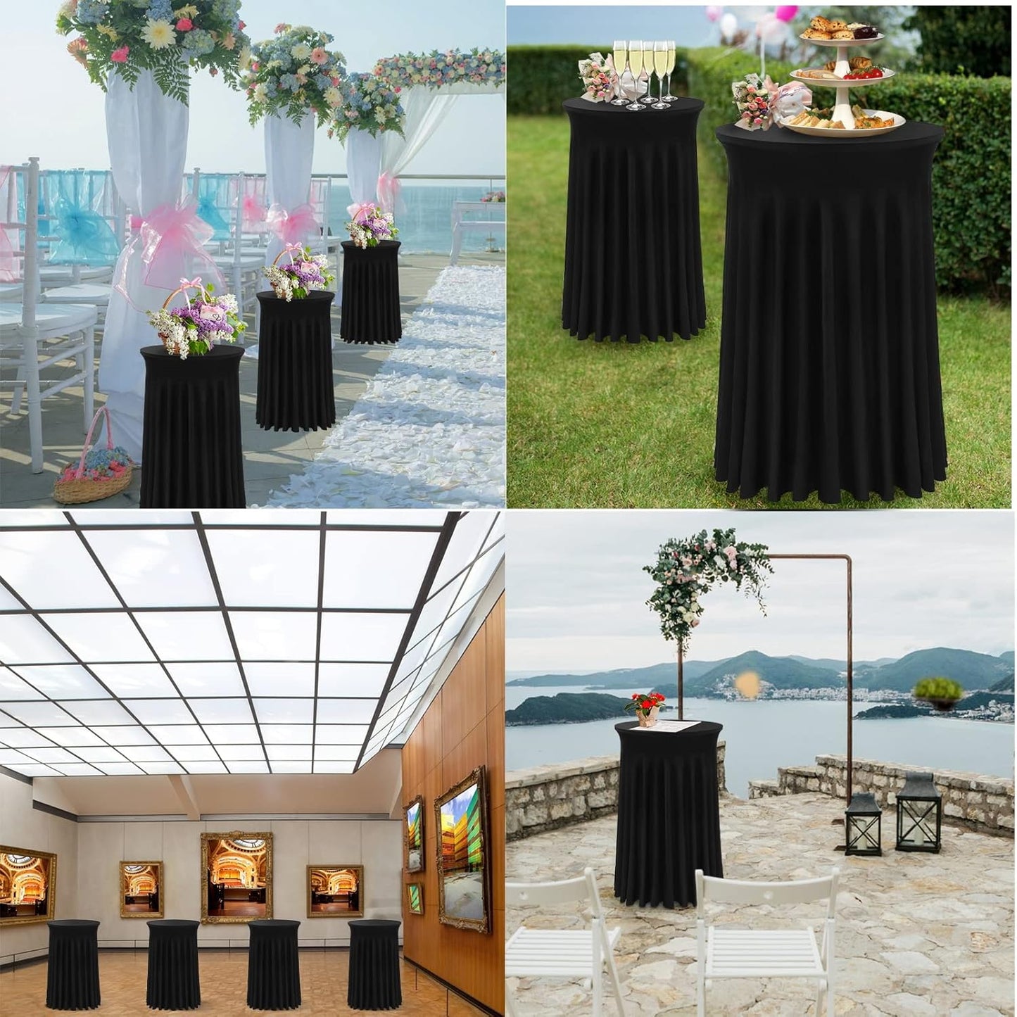 Cocktail Table Covers - 2 Pack 32"x 43" Black Cocktail Table Tablecloth with Natural Wavy Round Skirt for Bar Wedding Party Banquet