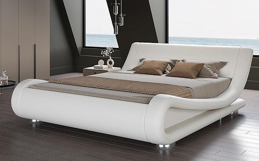 SHA CERLIN King Size Upholstered Bed Frame, Deluxe Low Profile Sleigh Bed by SHACERLIN