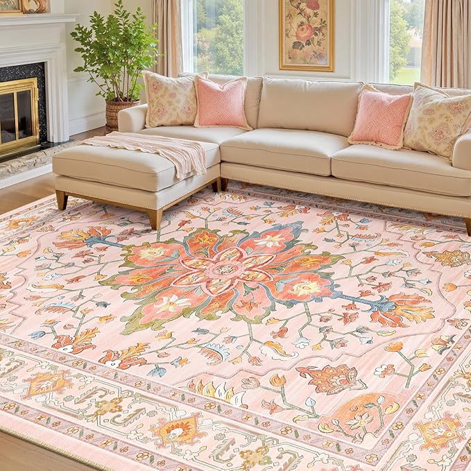 RELEANY Area Rugs 8'x10' Washable Non-Slip, Floral Vintage Distress Print - Image 2