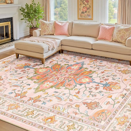 RELEANY Area Rugs 7'x9' Washable Non-Slip, Floral Vintage Distress Print by RELEANY