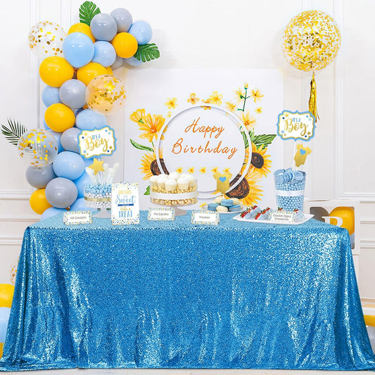 QueenDream Aqua Blue Tablecloth 90 x 132 Inch Sequin Tablecloth for Party Decorations Glitter Tablecloth for Bridal Baby Shower Wedding