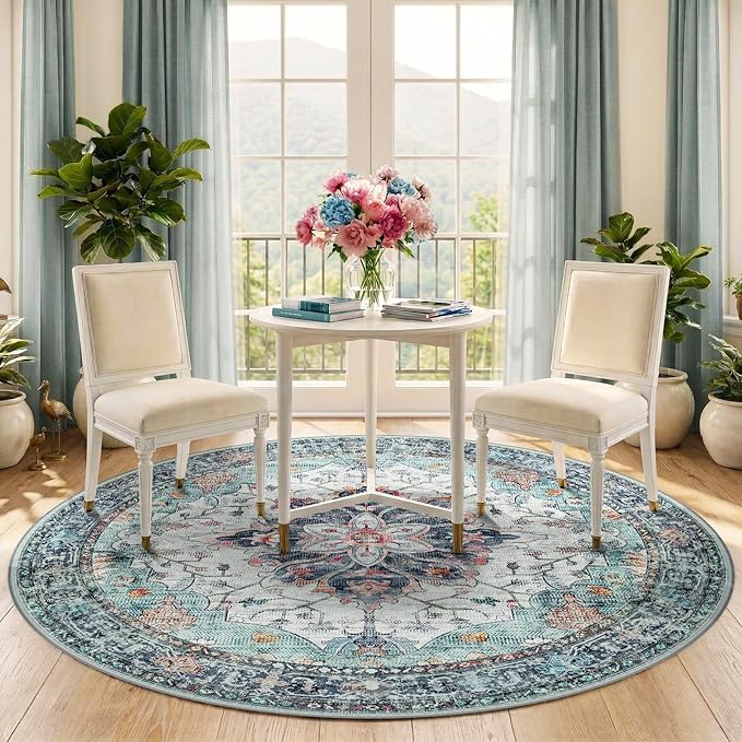 RELEANY Area Rugs Round 5ft Washable Non-Slip, Floral Vintage Distress Print - Image 2