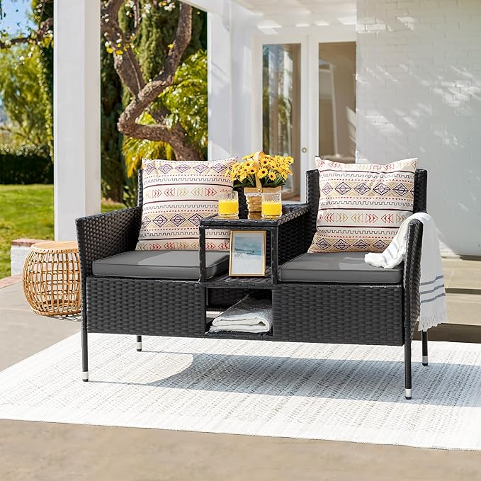 Devoko Outdoor Patio Loveseat Modern Rattan 2-Seat Patio Conversation Set - Image 2