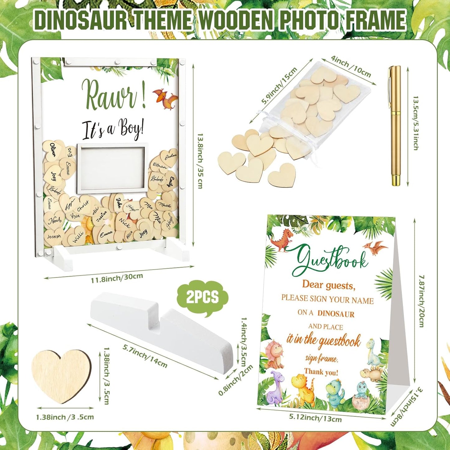 65 Pcs Dinosaur Baby Shower Guest Book Alternatives He or She Gender Reveal Baby Shower Decorations Sign in Guest Book with Picture Frame and 60 Wooden Chip