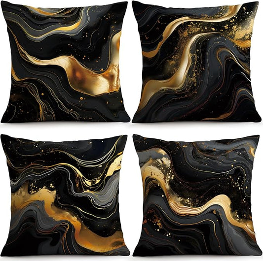 OBSEDE Abstract Black Gold Marble Decorative Throw Pillow Covers 18 × 18 in by OBSEDE