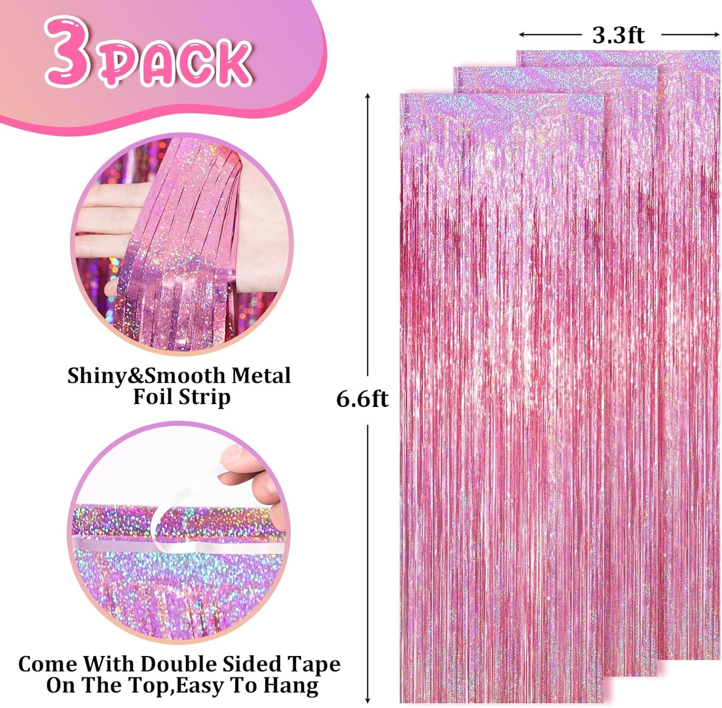 2 Pack Laser Pink Tinsel Foil Fringe Curtains, Mothers Day Pink Decorations, Metallic Tinsel Party Streamers Backdrop for Birthday Bachelorette Graduation Wedding Party Decorations