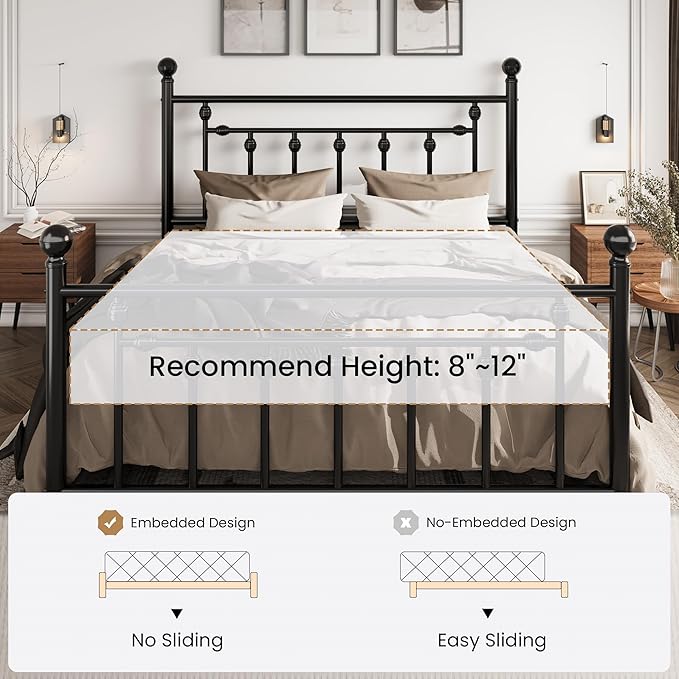 SHA CERLIN 14" Queen Size Metal Platform Bed Frame/Victorian Headboard and - Image 7