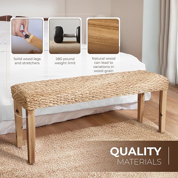 Indoor Bench Wicker for Entryway Bench, Wood Bench for Living Room Dining Bench - Image 7