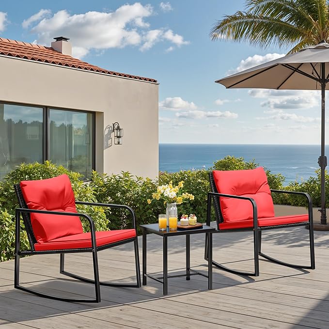Greesum 3 Pieces Rocking Wicker Bistro Set, Patio Outdoor Furniture - Image 2