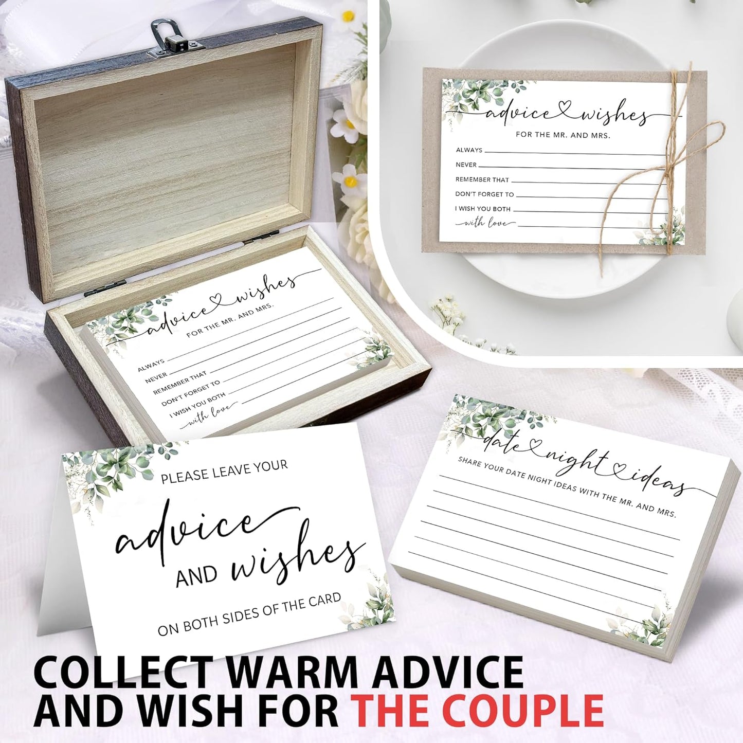 50 Pcs Advice and Wishes for the Mr and Mrs Cards in Box - Bridal Shower Guest Book - Perfect for Newlywed Games, Reception Decor, Engagement Parties & Anniversary Wishes(Greenery) - B04