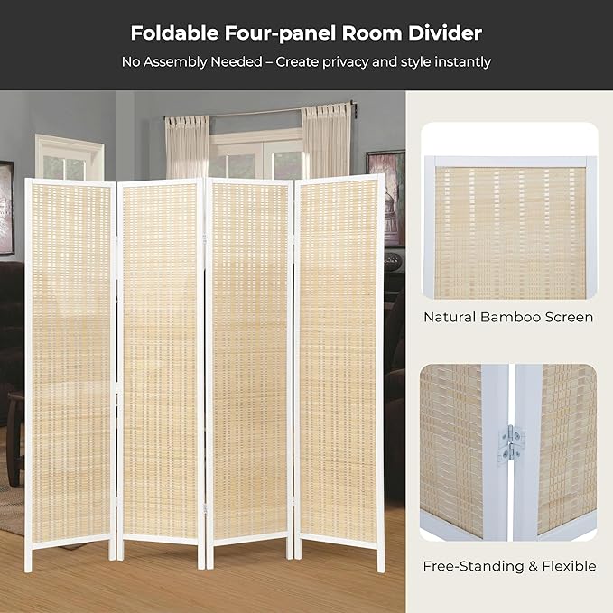Roundhill Furniture Inkwell 4-Panel Bamboo Room Divider, Folding Portable - Image 4