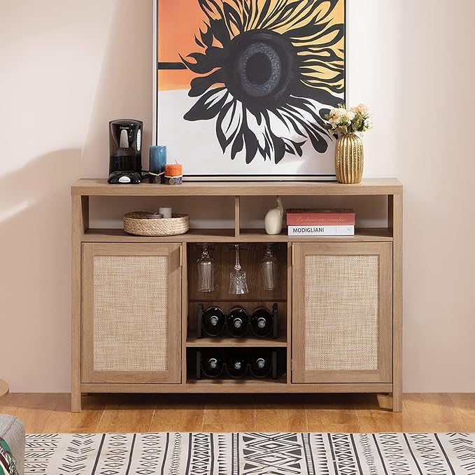 SICOTAS Rattan Coffee Bar Cabinet, Boho Liquor Wine Cabinet Set of 2 Credenza - Image 10
