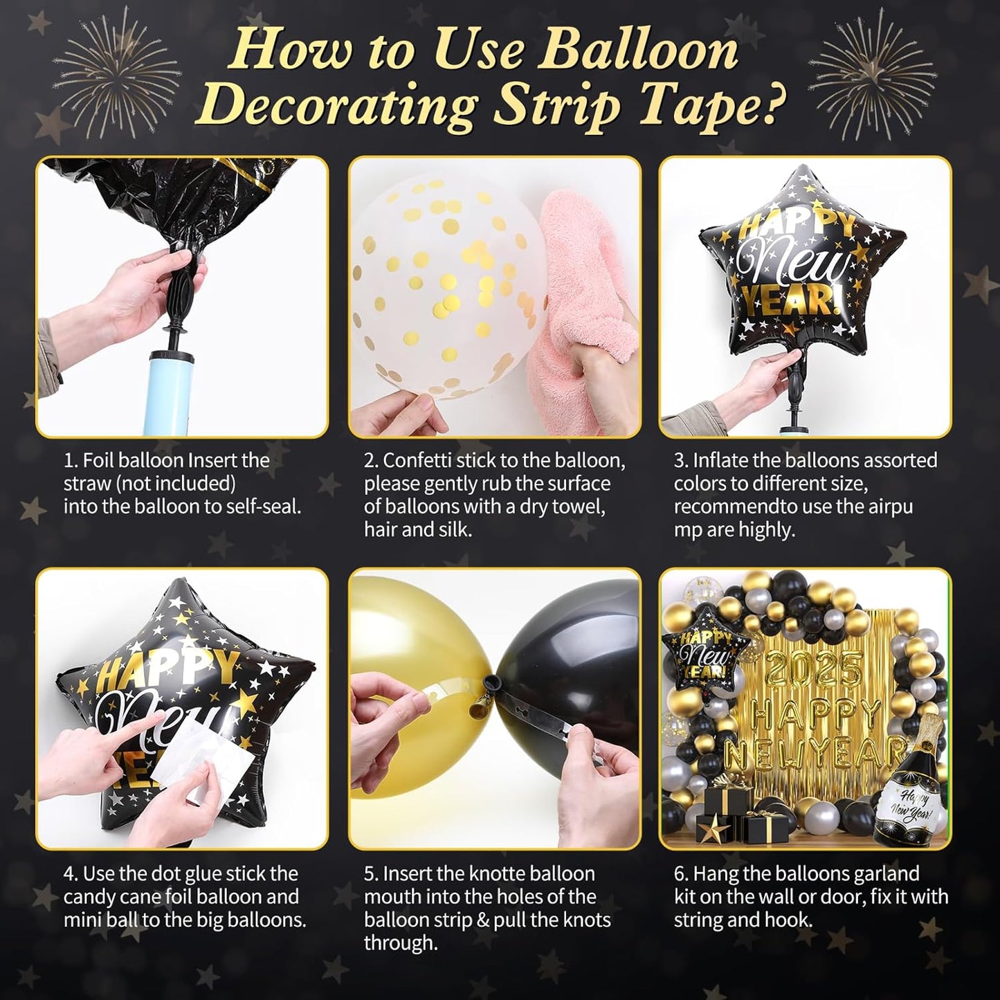 Nye Decorations 2025, Black and Gold Balloons 2025 Number Balloons Champagne Balloons New Year Banner Fringe Backdrop for New Years Eve Party Supplies 2025