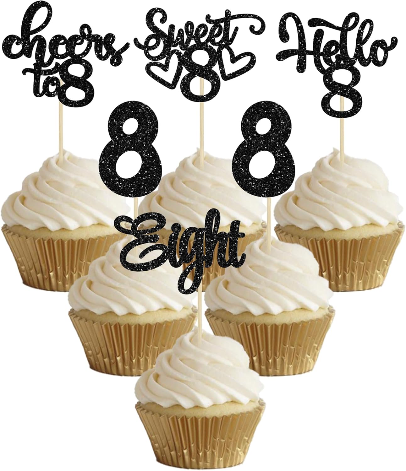 30Pcs 8th Birthday Cupcake Toppers Glitter Eight Hello 8 Cupcake Picks Cheers to 8 Years Old Cake Decorations for 8th Birthday Party Supplies Black