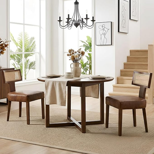 HNY Mid Century Modern Rattan Dining Chairs Set of 2, Farmhouse PU Leather by HNY