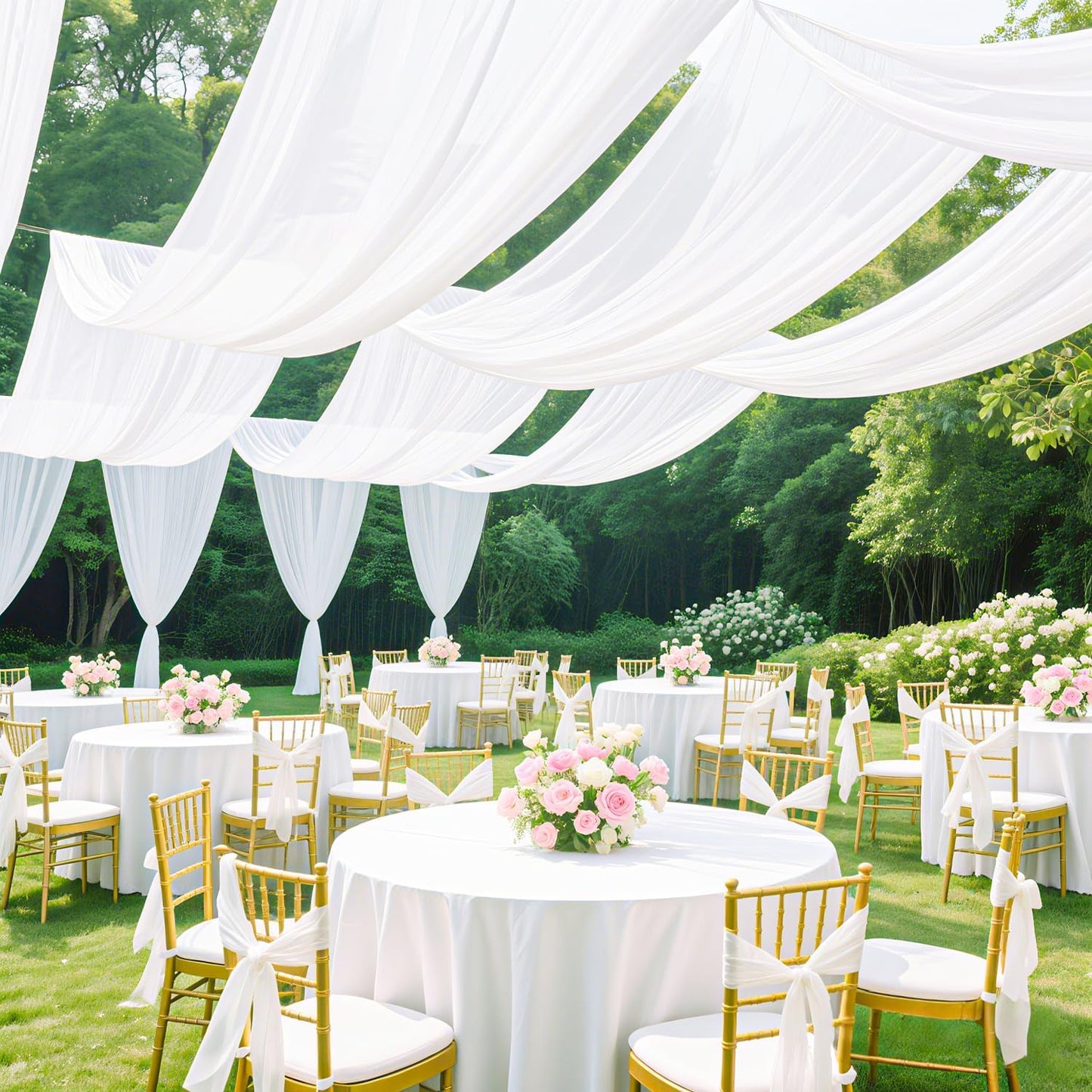 FUHSY White Ceiling Drapes for Wedding Arch Draping Fabric 4 Panels 5x20FT Chiffon Wedding Arch Drapes Sheer Bed Canopy Curtains Wedding Backdrops for Reception Ceremony Swag Arbor Archway Tent Drapes