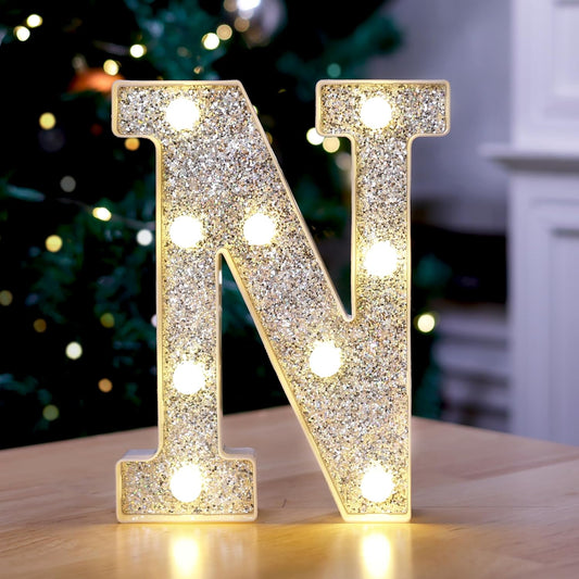 Marquee Light Up Letters, Glitter Silver LED Letter Lights Battery Powered Alphabet Letter Sign for Night Light Wedding Birthday Party Cafe Bar Decoration Girls Room Decor - N