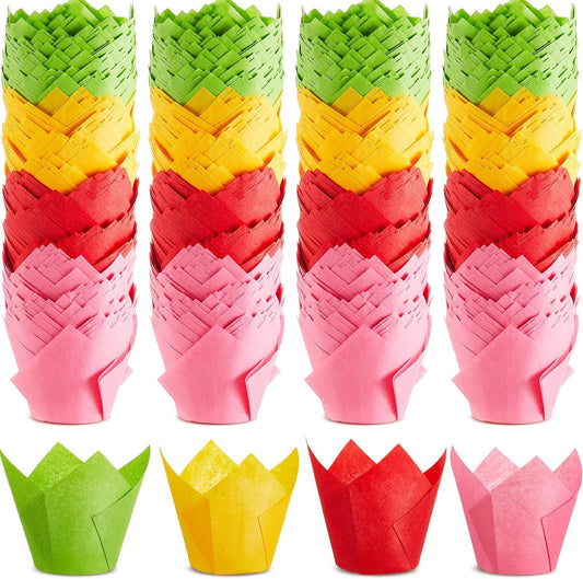 300 Pcs Jumbo Muffin Liners for Baking 2-1/4" x 4" Large Tulip Cupcake Liners Greaseproof Cupcake Wrapper Paper for Weddings Birthday Christmas Anniversaries Party (Green,Red,Yellow,Pink)