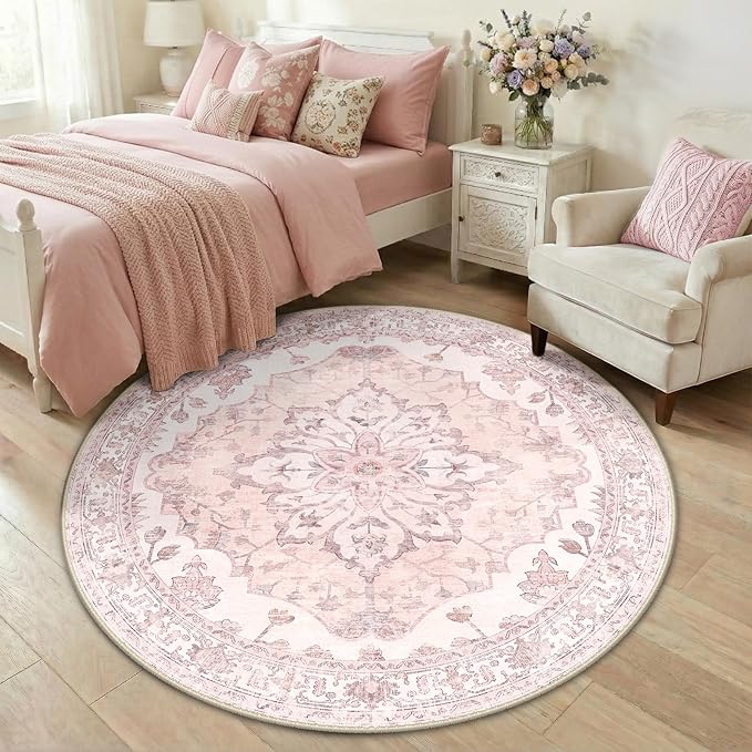 RELEANY Area Rugs Round 5ft Washable Non-Slip, Floral Vintage Distress Print by RELEANY