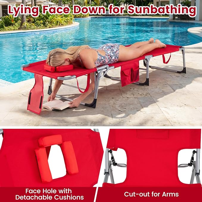 Goplus Tanning Chair, Folding Adjustable Patio Lounger w/Face Arm Holes - Image 5