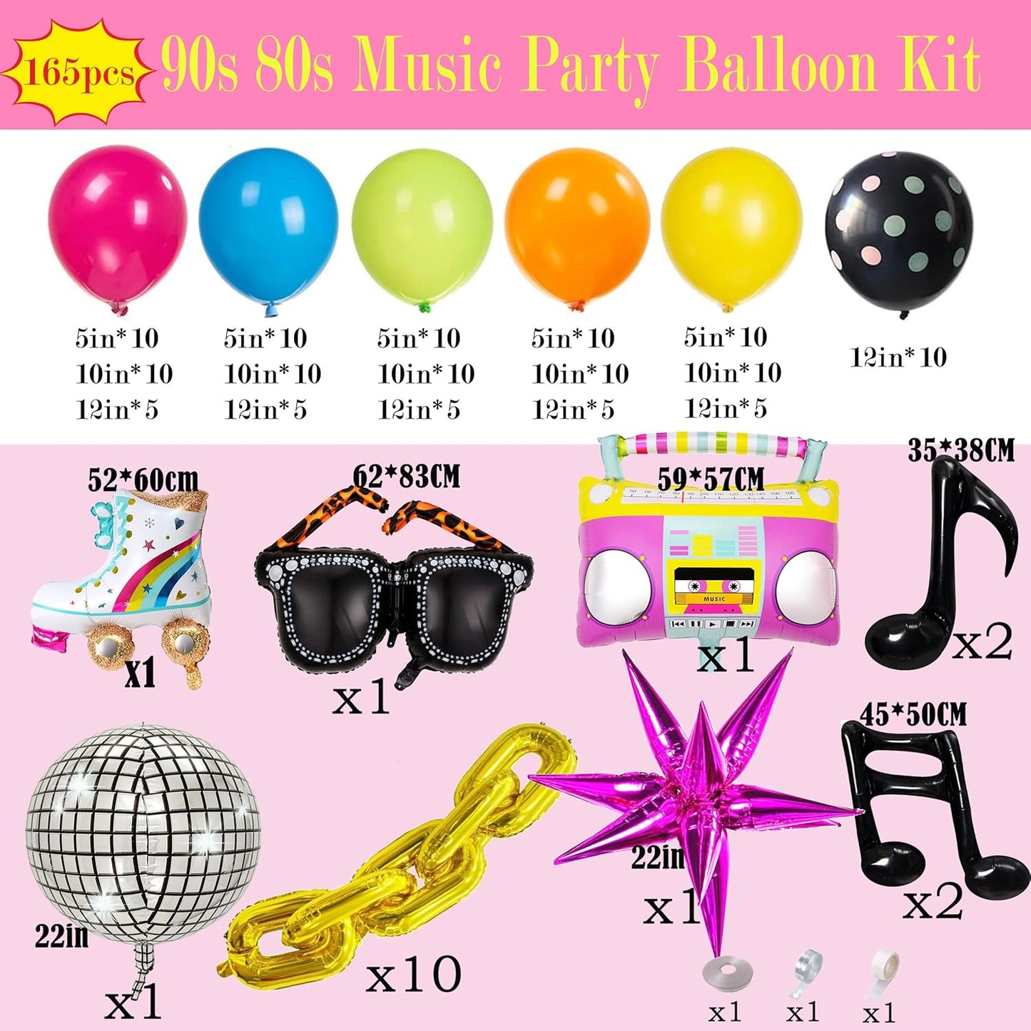 90s 80s Disco Theme Party Decorations, 171Pcs Balloon Arch Kit with Retro Disco Ball Radio Glasses Roller Skate Musical Note Chain Star Foil Balloons for Back to 90s 80s Hip Hop Birthday Supplies