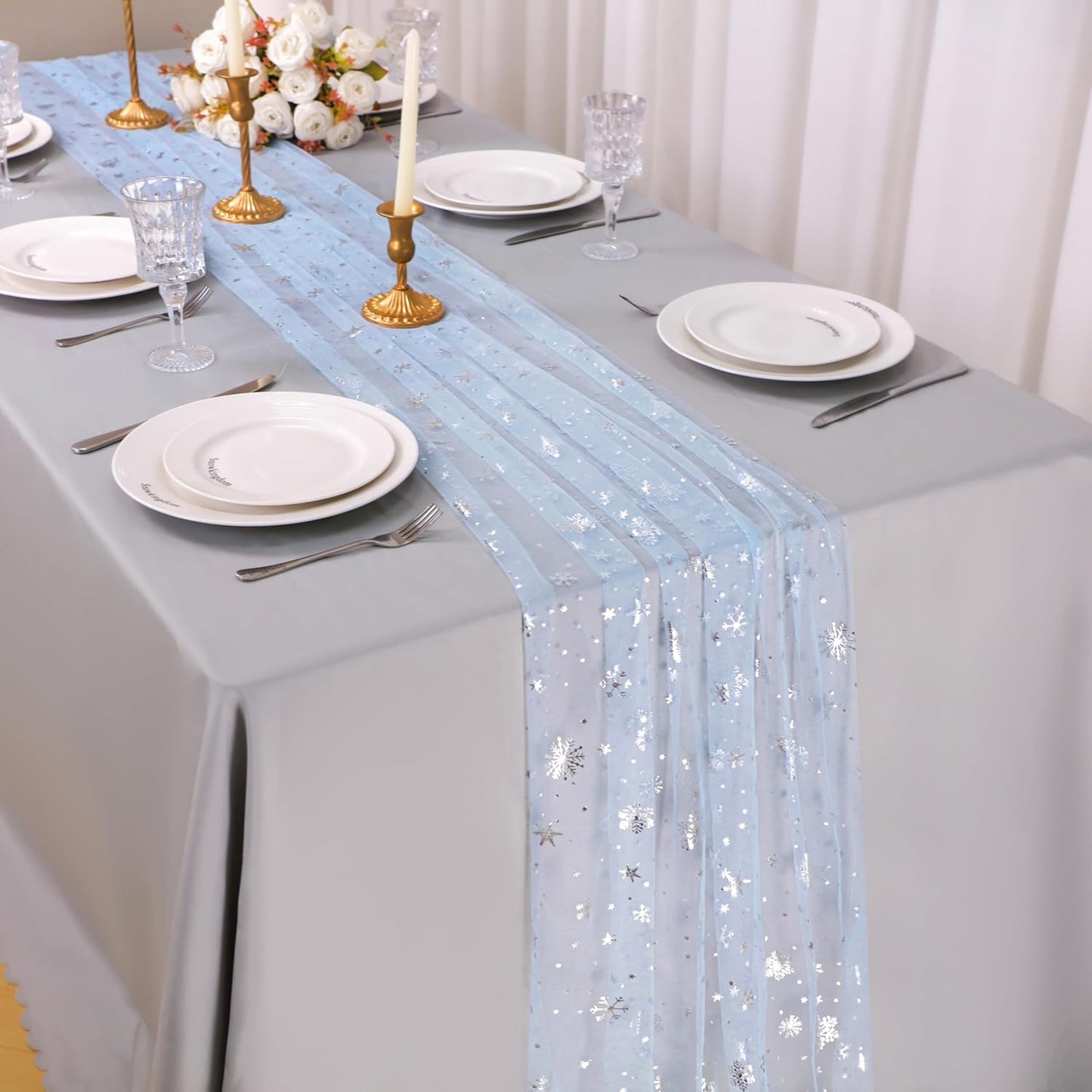 Snowkingdom Silver Snowflake Christmas Table Runner, 10ft Blue Cheesecloth Gauze Sheer Chiffon 120 Inch Winter Table Runner, Seasonal Holiday Kitchen Dining Decoration for New Year Outdoor Party Decor