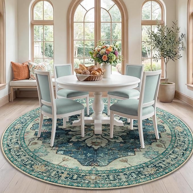 RELEANY Area Rugs Round 7ft Washable Non-Slip, Floral Vintage Distress Print by RELEANY