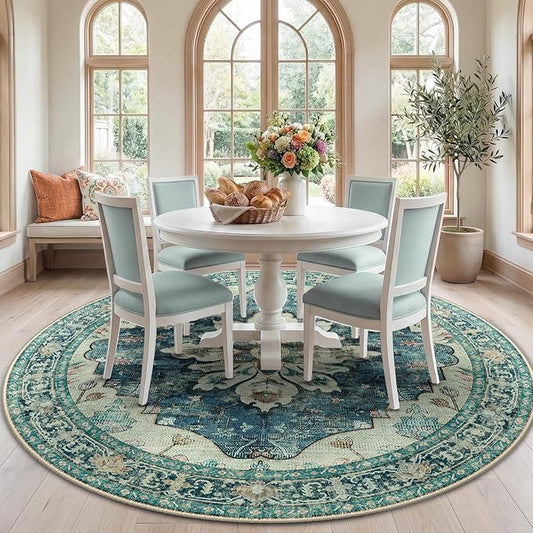 RELEANY Area Rugs Round 7ft Washable Non-Slip, Floral Vintage Distress Print by RELEANY