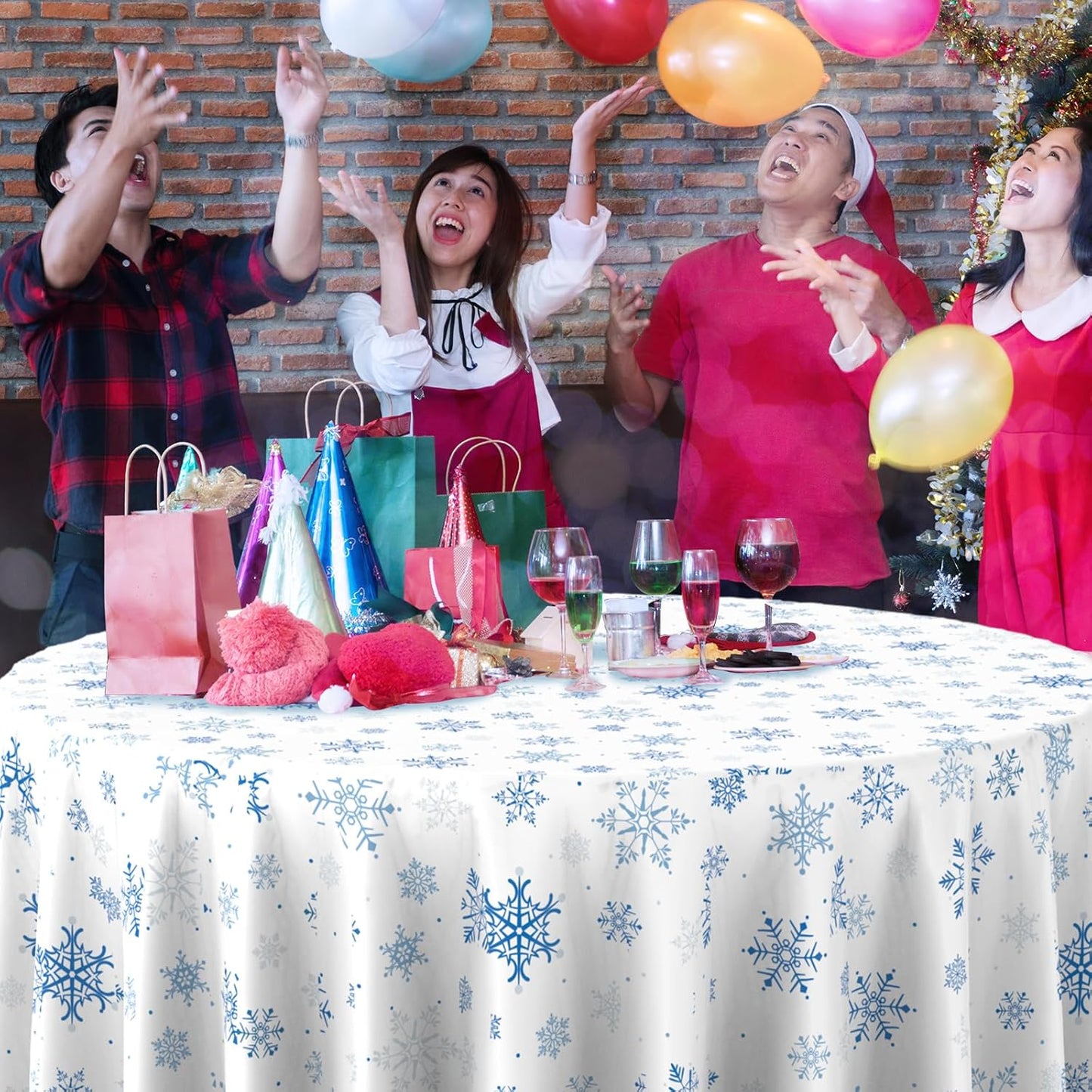 6 Pieces Christmas Snowflake Plastic Party Tablecloth Decorations,Disposable Blue Snowflake White Xmas Round Table Cover Backdrop for Winter Christmas Holiday Party Supplies,84 inch (Blue White)