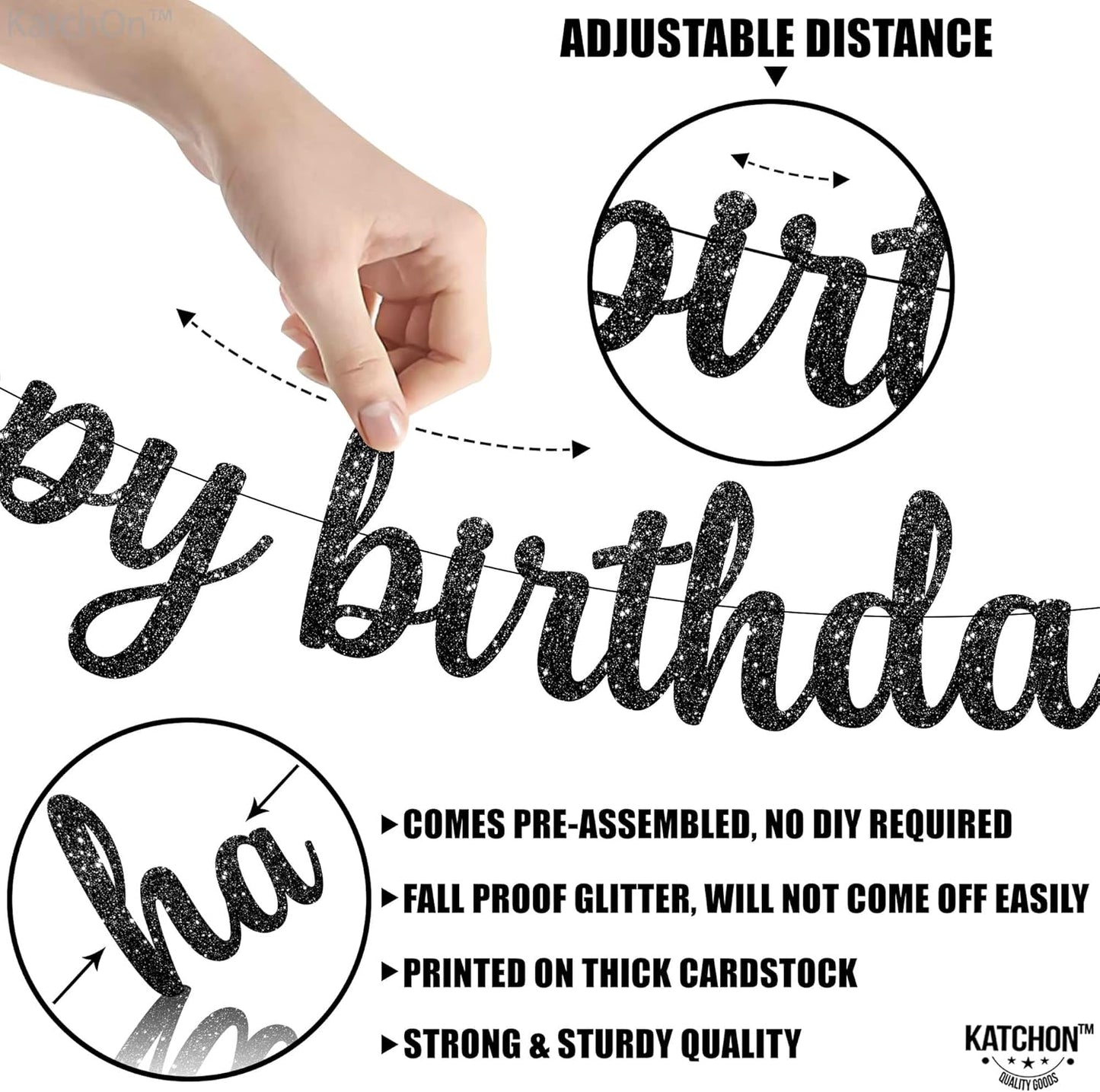 KatchOn, Glitter Cursive Black Happy Birthday Banner - Pre-Strung, 10 Feet | Happy Birthday Sign | Birthday Decorations for Women, Men, Boys and Girls | Halloween Birthday Party Decorations
