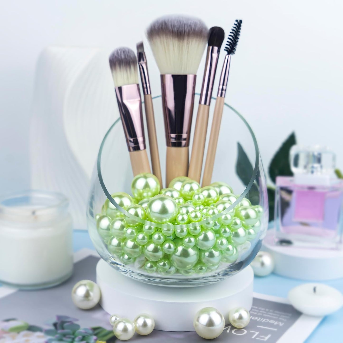 150Pcs Light Green Polished No Hole Faux Pearl Beads for Vase Filling Decorations, Plastic Pearls Vase Fillers, Table Scatters, Wedding Centerpiece, Home Decor, 8/14/20 mm