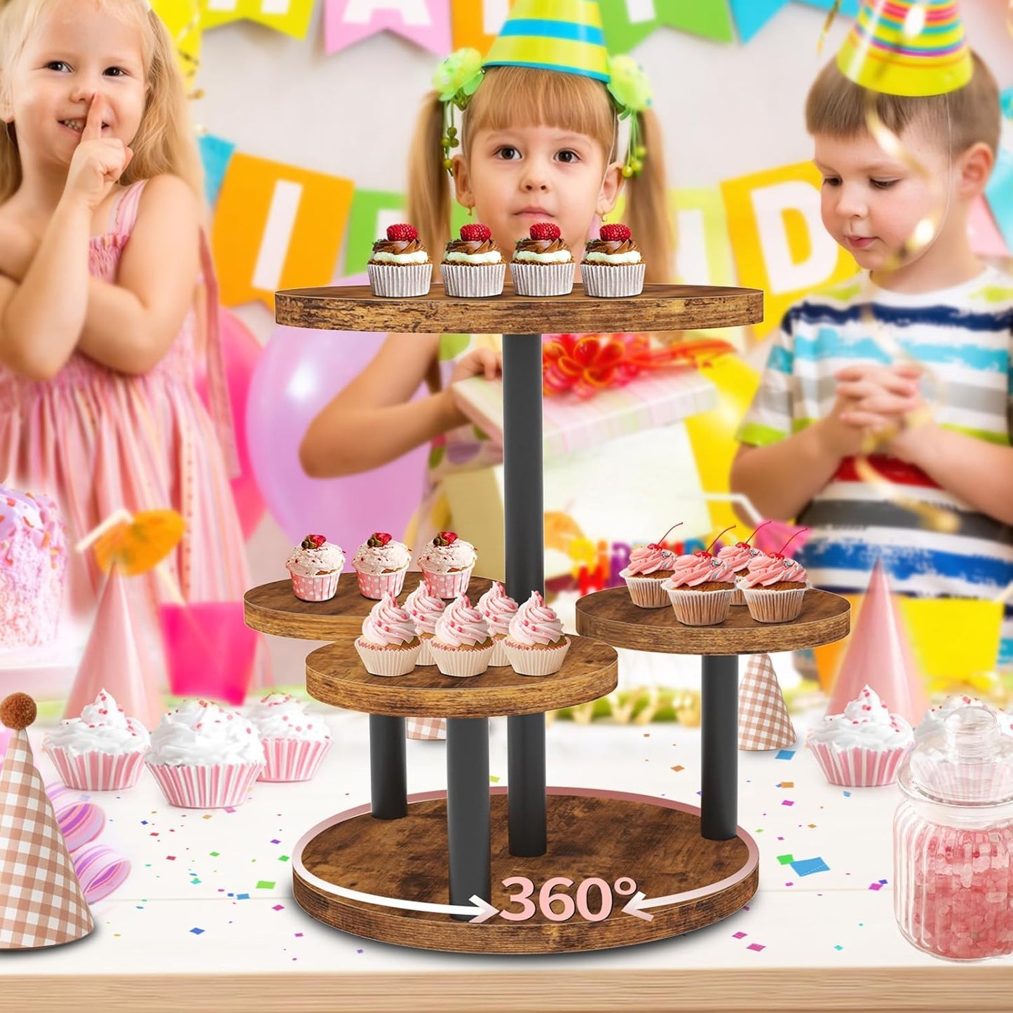 Cupcake Stand, Rotatable Cupcake Stand for 50 Cupcakes, Wood Cake Stand Cupcake Tower, Rustic Dessert Table Display Set Tiered Tray Stand, Round Serving Tray Cake Stands for Party Wedding Birthday