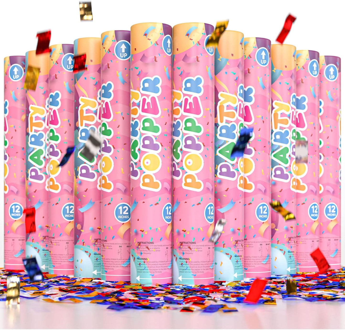 Confetti Poppers Confetti Cannon | 12 Pack | Glitter Multicolor | Party Poppers for Graduation, Birthday, Wedding | Alternative to Fireworks Smoke Bombs | Launches 25 ft | 12 inch | TUR Party Supplies