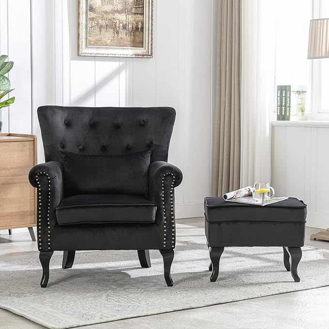 Accent Chairs with Ottoman Set of 2 Velvet Wingback Club Chair Upholstered - Image 2