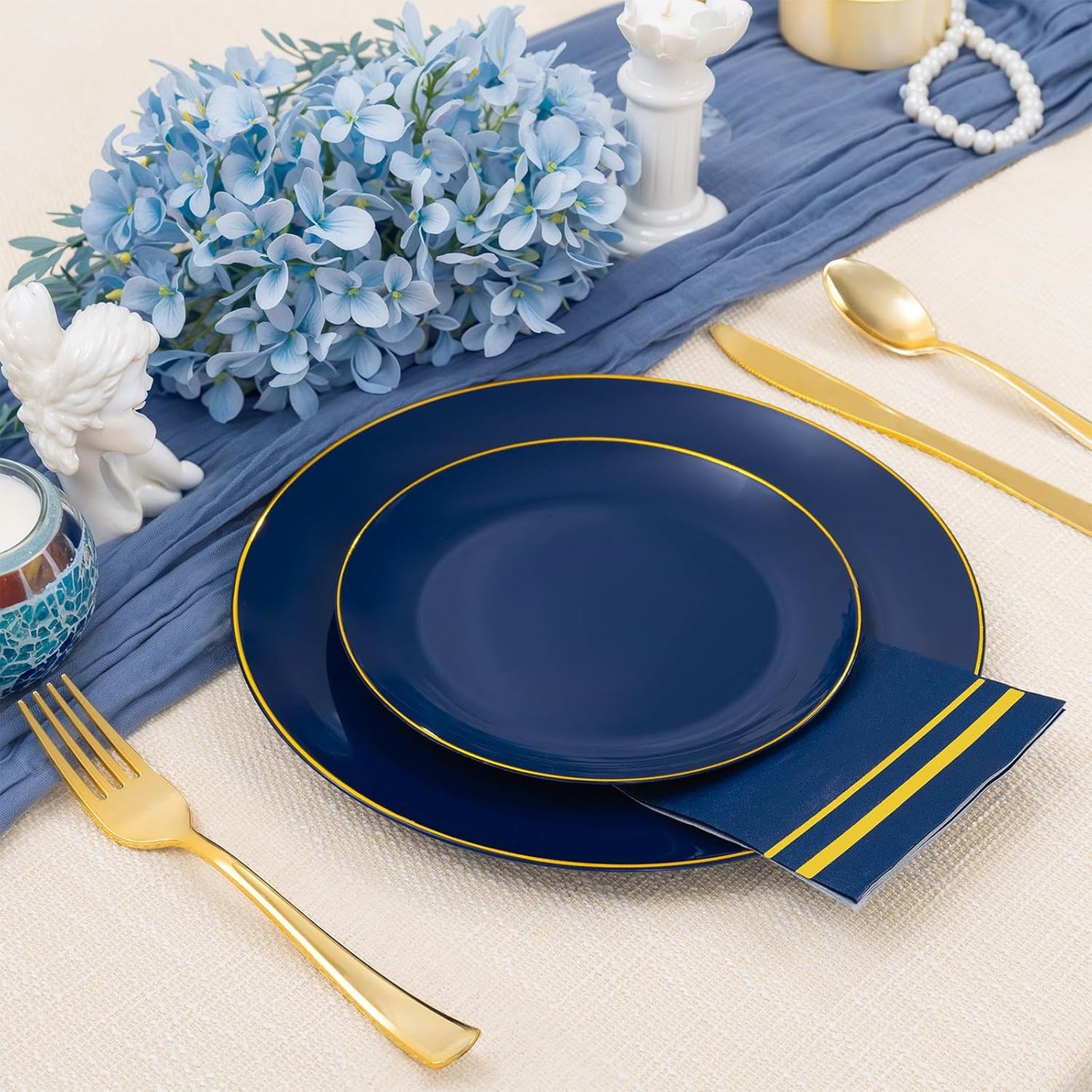 NOCCUR 350PCS Navy Blue Plastic Plates - Blue Disposable Dinnerware Set for 50 Guests, 100 Dinner/Dessert Plates, 150 Gold Silverware, 50 Cups&50 Napkins for Party/Wedding/Labor Day