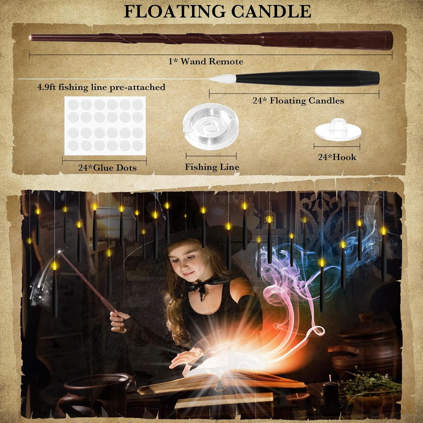 NURADA Floating Candles with Wand Remote Timer - 24 Pcs Magic LED Hanging Flameless Taper Candles Flickering Battery Operated for Birthday Theme Party Holiday Home Halloween Decor - Black