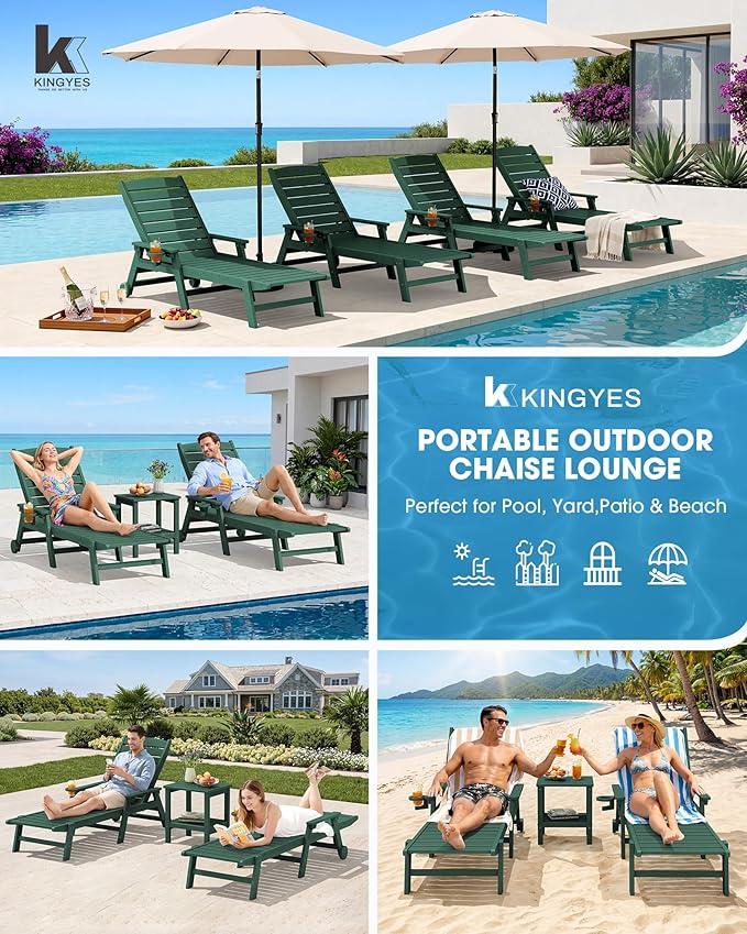 KINGYES HDPE Lounge Chair Outdoor, Patio Chaise Lounge Recliner - Image 9