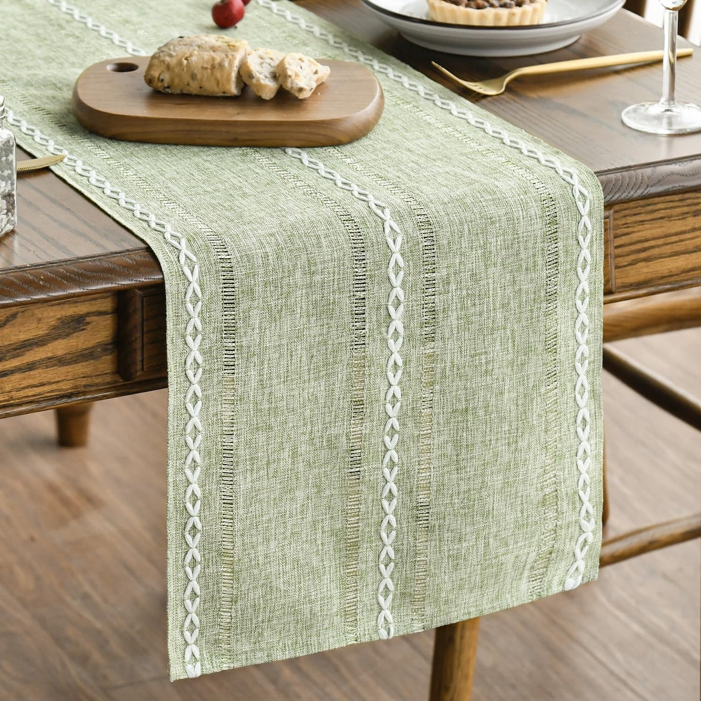 Artoid Mode Sage Green Rustic Cotton Linen Table Runner, Seasonal Embroidered Hollow Kitchen Dining Table Decoration for Home Party Decor 13x36 Inch