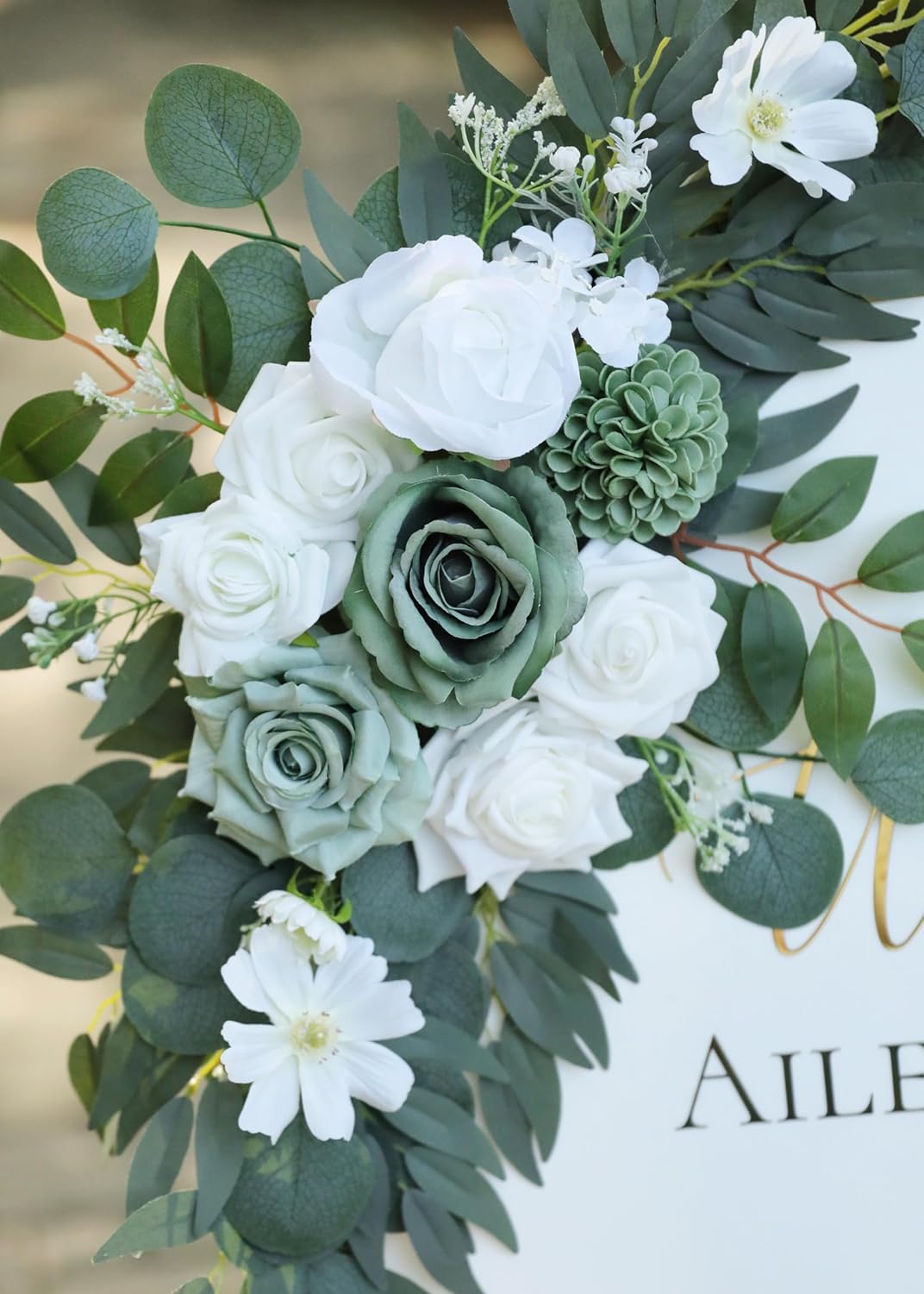 Artificial Sage Green Wedding Arch Flowers Swags Set of 2 for Welcome Signs, Reception and Ceremony Decorations - White Floral Decor