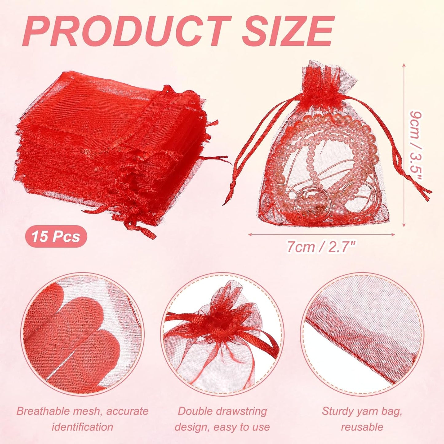 uxcell 50 Pcs Organza Gift Bags, 2.7x3.5 Inch Drawstring Pouches Jewelry Gift Bags, Small Wedding Favor Pouches for Christmas Birthday Wedding Goodie Candy Candle, Red