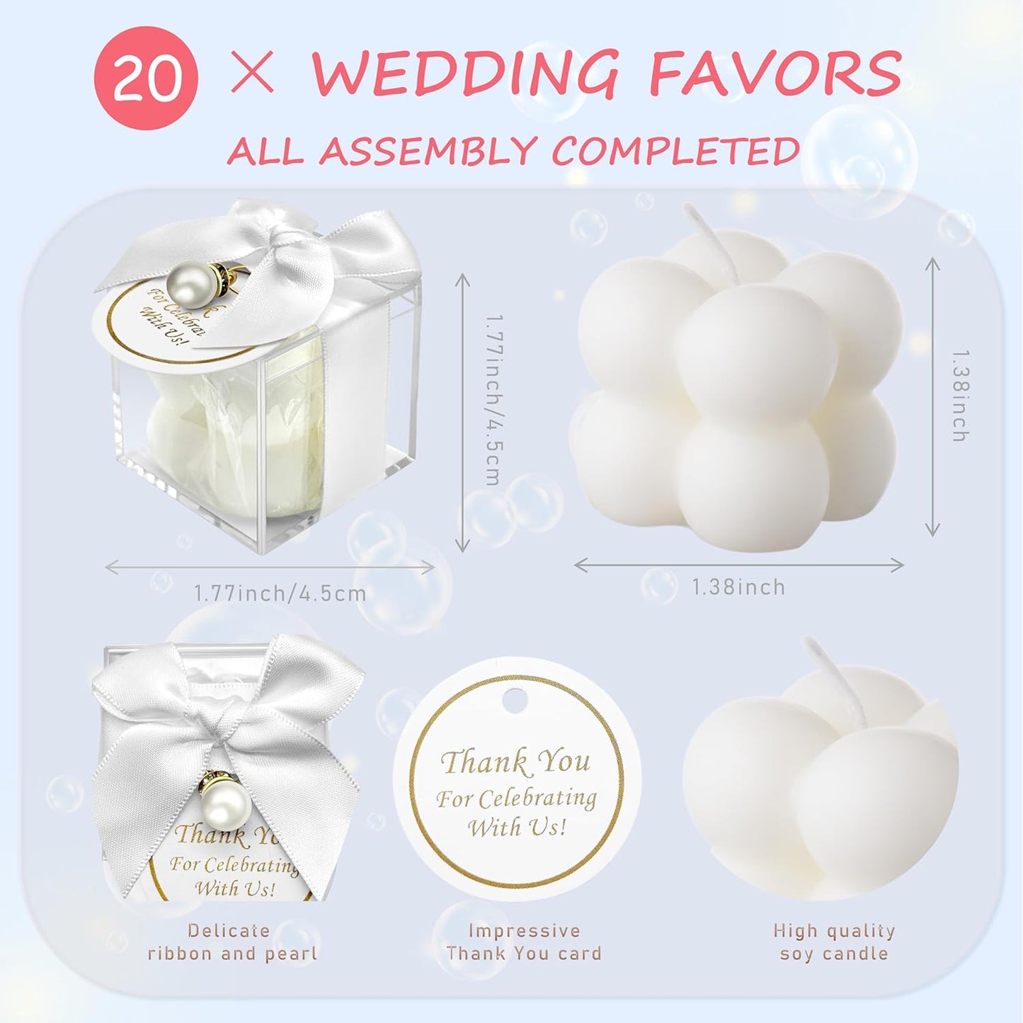 20 Pcs Small Bubble Candles Elegant Party Favors Bulk Set with Decorative Ribbons Thank You Cards for Bridal Shower Guest Gifts (20, White)
