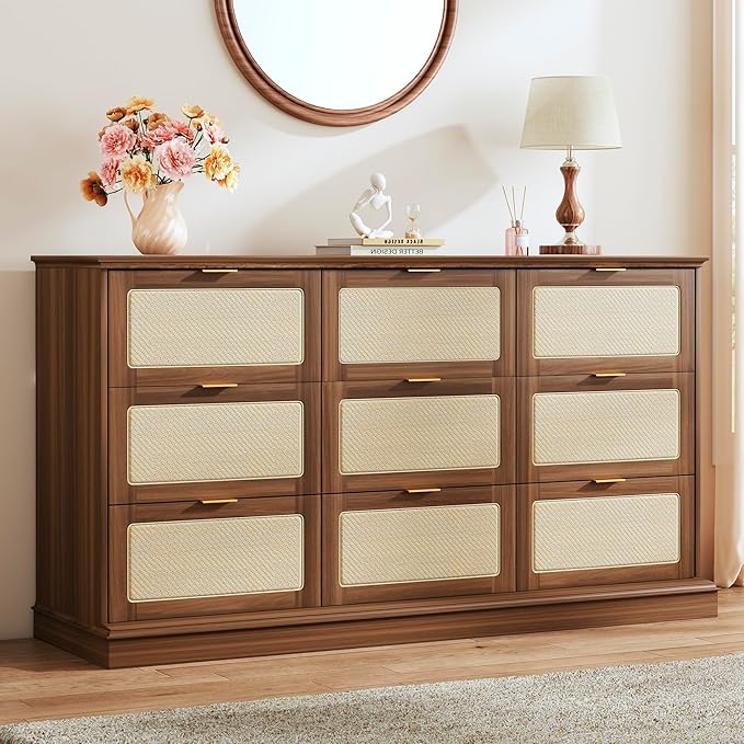 HUAHUU 9 Drawer Dresser for Bedroom, 60 Inch Long Dressers & Rattan Chest of by HUAHUU